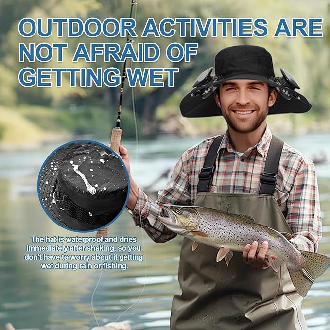 Solar Fan Hat for Men - Wide Brim Cooling Hat with 2 Built-in Solar & USB Rechargeable Fans for Fishing Hiking