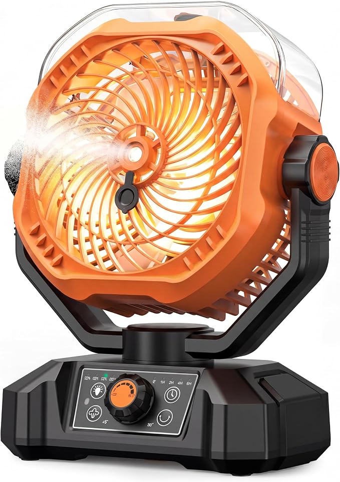 Portable Camping Fan, Misting Desk Fan with Remote, 360ML Water Tank, 16000mAh, 5 Speeds, Timer, 18-70 Working Hours, Battery Operated Fan for RV Camp Hurricane Emergency Orange