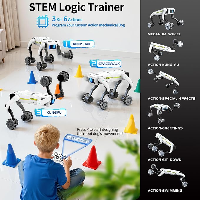 EVADA 3 in 1 Robot Dog with Wheels Kit, 30+ Bionic Actions, Voice & Remote Control, Programmable Moves, Rechargeable Battery, All-Terrain Stunt Pet Toy for Kids (Removable Claw & Cannon)