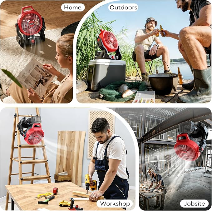 Ecarke 10" Portable Floor Fan Compatible with Milwaukee 18V Battery (Tool Only) AC Power 3500RPM High Airflow Cordless Fan with Hook 3-Speed Quiet Operation for Jobsite Camping Tent