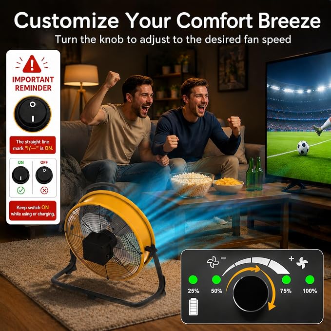 T-SUNUS 12" Battery Powered Floor Fan, 13200mAh Rechargeable Cordless Portable Fan 1500 CFM High Velocity Airflow, Quiet Brushless Motor, 360° Tilt for Camping Tent RV Garage & Blackout Power Outage