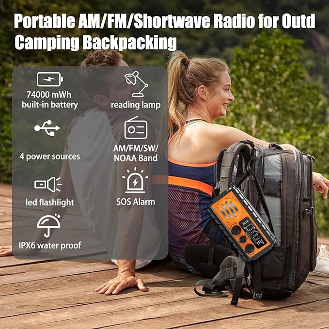 QAUYYW 74000mWh Emergency Radio with NOAA Weather, Portable Hand Crank SW/AM/FM Survival Radio with Fast Charge Rechargeable Solar Battery, Flashlight, Reading Lamp,SOS Sirenor Home Outdoor