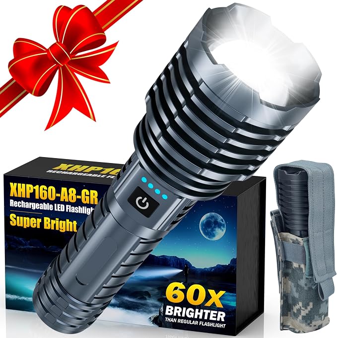 baibian Flashlights High Lumens, 100,000 Lumens Super Bright Flashlight, Rechargeable Handheld Waterproof Tactical LED Flashlights-Zoomable 5 Modes-31H Runtime-Holster for Emergency Camping