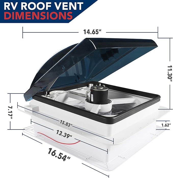 14" x 14" RV Roof Vent Fan 12V Manual Riser Reversible Manual Lift with Smoked Lid