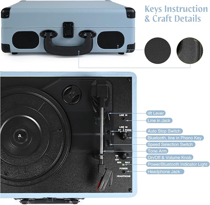 Vinyl Record Player 3-Speed Bluetooth Suitcase Portable Belt-Driven Record Player with Built-in Speakers RCA Line Out AUX in Headphone Jack Vintage Turntable Haze Blue