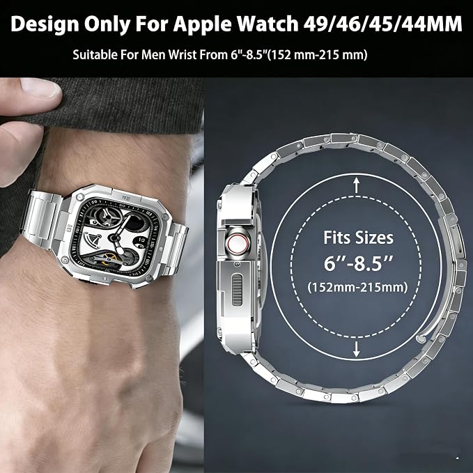 Mechanical Metal Watch Case with Band Compatible with Apple Watch Series 11/10 46mm Band,Rugged Military Stainless Steel Protective Bumper Cover,Tough Business iwatch Band Strap for Men,Silver
