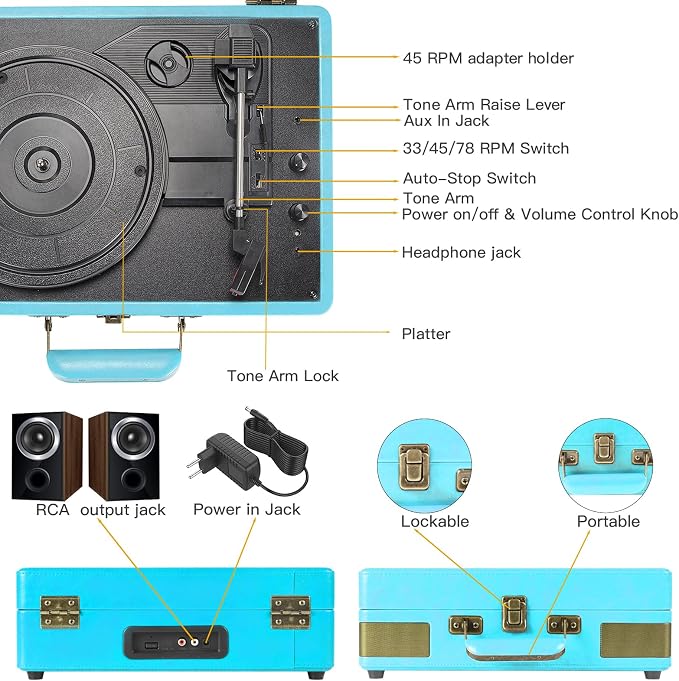 Record Player 3 Speed Bluetooth Portable Suitcase Vinyl Player with Built-in Speakers Turntable Enhanced Audio Sound PU Leather Vintage