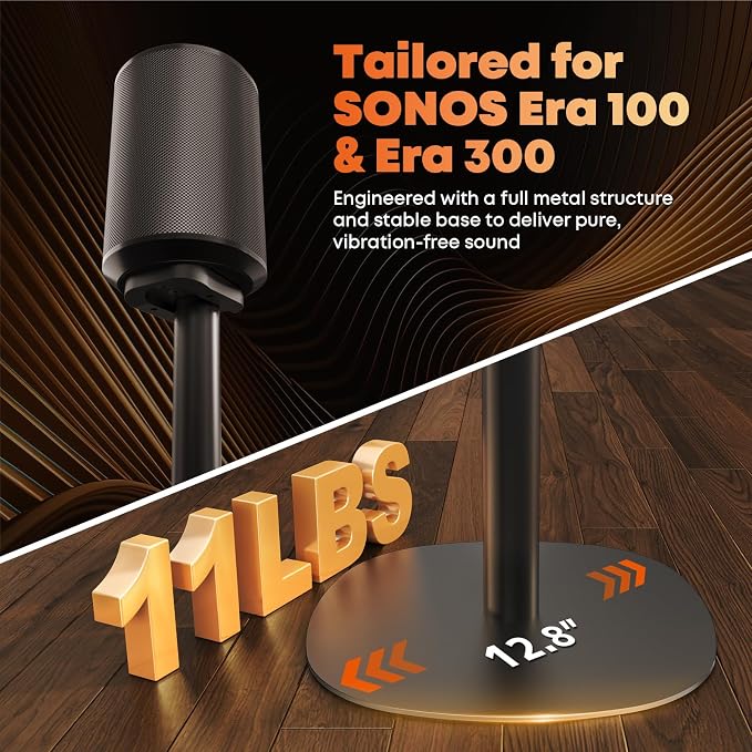 Single Speaker Stand Compatible with Sonos Era 100 SL, Era-100 & Era-300-29.1''–39'' Height Adjustable Floor Stands, Two Base Holes for Space-Saving Placement, Max Load 11 Lbs, 1 Pack, Black
