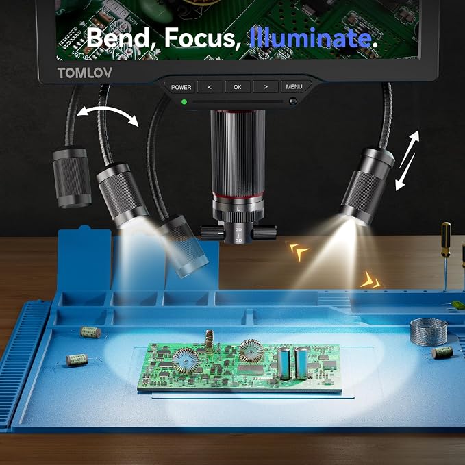 TOMLOV 3D Digital Soldering Microscope: Magnetic Dual Lens Micro Scope TM3K-3D Max For Adult, Coin Microscope with Flex Arm, 3K 10.1-Inch IPS Screen, HDMI/USB Output, Gooseneck Light, Repair Mat, 16GB