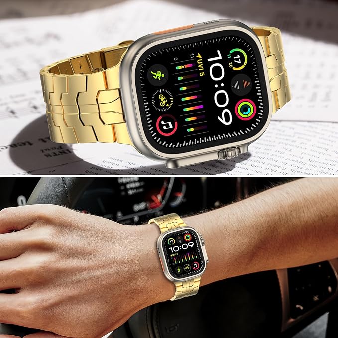 MioHHR Stainless Steel Band Compatible with Apple Watch Band 49mm 46mm 45mm 44mm 42mm(Series 3/2/1), Adjustable Metal Band for Men iWatch Series 10 9 8 7 6 5 4 3 2 1 SE SE2 SE3 Ultra3/2/1, Gold