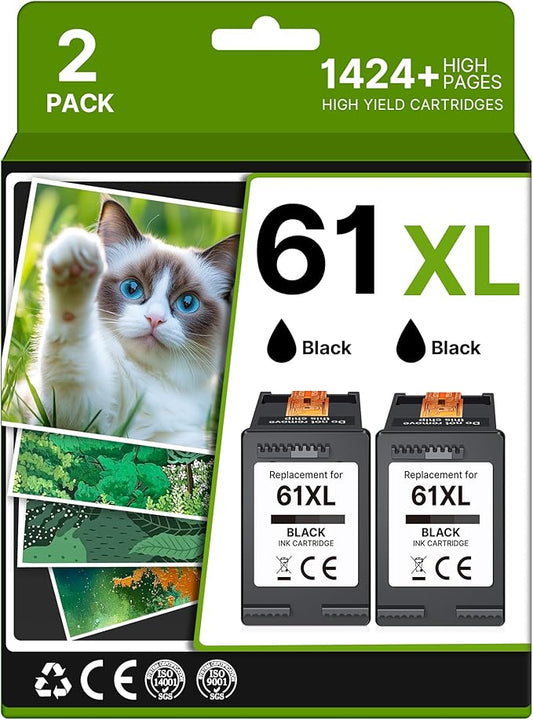 61XL Black Ink Cartridge Replacement for HP 61XL Ink Combo Pack Work with HP Envy 5530 3510 4500 4635 4630 5535 2540 4502 3050 1510 4632 4501 2542 2514 3050a 4610 Printer (2 Pack)
