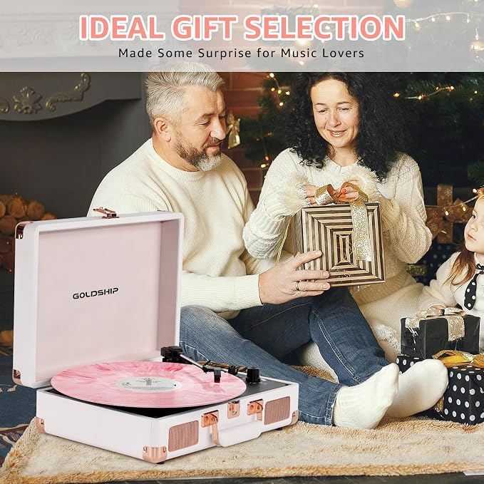 Portable Record Player with Bluetooth, 3-Speed Vinyl Turntable with Built-in Battery, Suitcase Design, Headphone Jack, RCA & Aux Connectivity for Indoor & Outdoor Listening