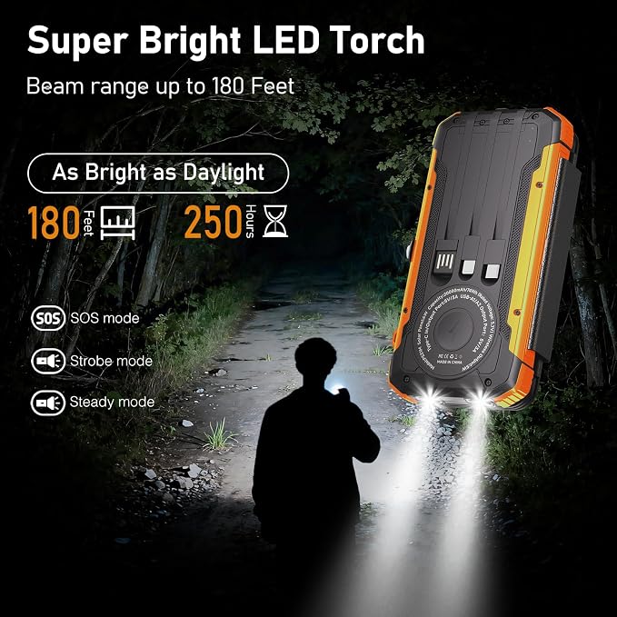 Solar Power Bank 20000mAh Portable Charger Built-in 3 Cables and Wireless Charging Battery Pack Compatible for iPhone, iPad, Bright 2 LED Flashlight Perfect for Camping (Black and Orange)