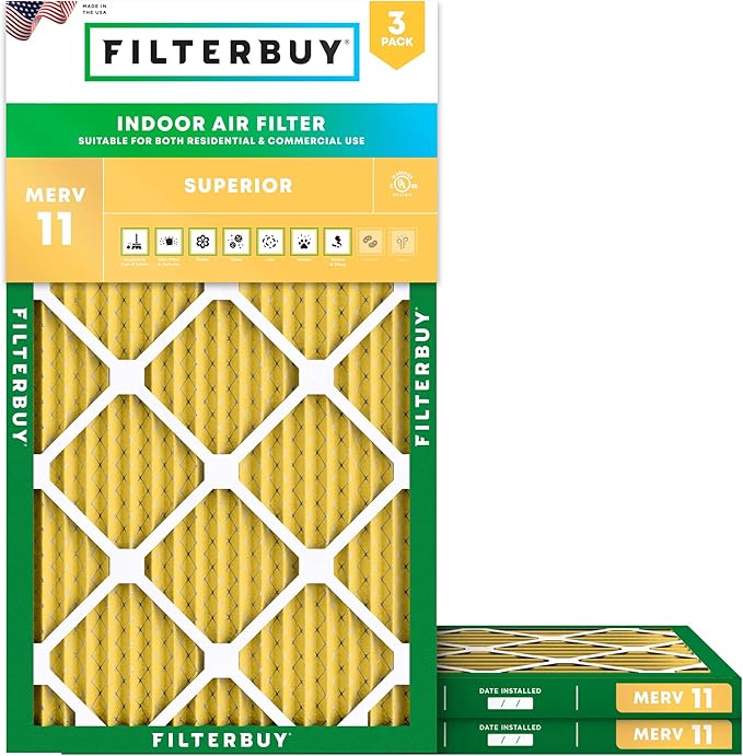 Filterbuy 10x20x1 Air Filter MERV 11 Superior Pet & Allergy Defense (3-Pack), Electrostatic Pleated HVAC AC Furnace Filters Replacement, Made in USA (Actual Size: 9.50 x 19.50 x 0.75)