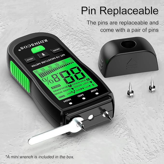 RDINSCOS Digital Wood Moisture Meter | Firewood and Lumber, Replaceable pins, Wall and Building, Humidity Tester,Built in Flashlight