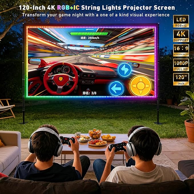 120 inch Outdoor Projection Screen with Stand, Smart RGB+IC String Lights, 4K 16:9 Wrinkle Wind Resistant Movie Screen, Foldable Portable Projector Screen for Backyard Camping Home Theater