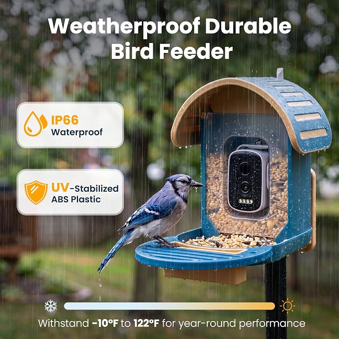 Smart Bird Feeder with Camera, 2.5K UHD Solar Powered WiFi Bird Watching Camera, AI Bird Species Identification, Instant Alerts, IP66 Waterproof Outdoor Wild Bird Feeder, Gift for Dad, Blue