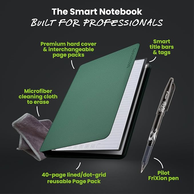 Rocketbook Pro Smart Reusable Notebook, Lined & Dotted Interchangeable Pages, For Work and Business Meetings, Executive 7x9, Green