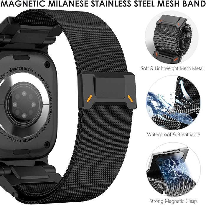 WINGLE Milanese Loop for Apple Watch Band Ultra 3/2/1 Band Ultra 49mm Series 11 10 46mm 45mm 44mm SE 3/2/1 Series 9 8 7 6 5 4 3 Men Women,Parachute-Style Buckle Stainless Steel Mesh Metal iWatch Bands