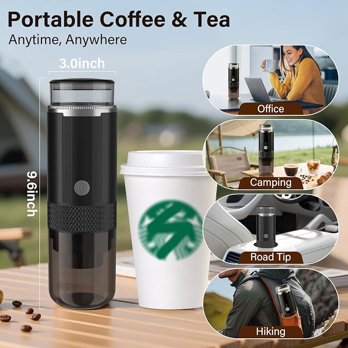 Portable Travel Coffee Maker, 3-in-1 Camping Coffee Machine with USB-C for Travel Car,Cordless Battery Powered,Rechargable,Compatible with Ground Coffee,Capsules,Tea, 6OZ Cup,Black,170ml