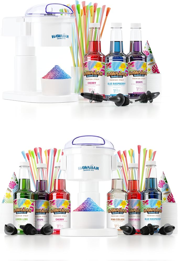 Hawaiian Shaved Ice S700 Kid-Friendly Snow Cone Machine Kit with 3-16oz. Syrup Flavors and Accessories bundled with Hawaiian Shaved Ice S700 Snow Cone Machine with 6-16oz. Syrups and Accessories