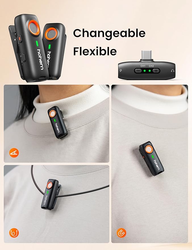 hohem MIC-01 Wireless Lavalier Microphone, Noise Cancellation,48kHz 328ft Range, 20 Hours Battery, Wireless Microphone for Android, PC, Camera, Video Recording (2TX + 1RX + Charging Case)