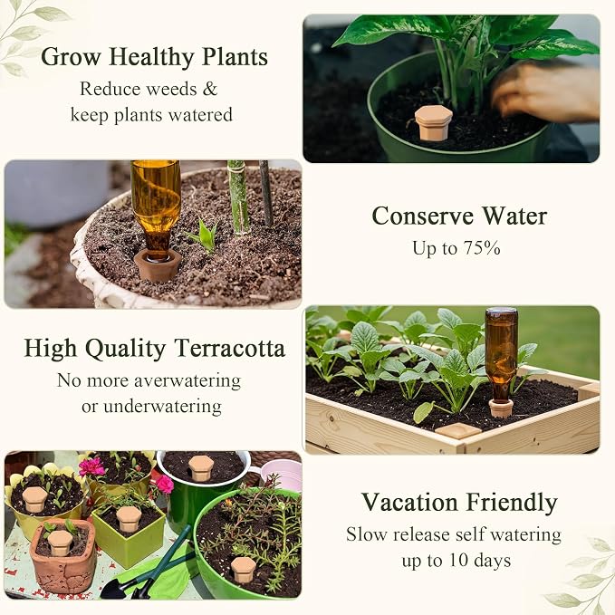 12 Pack Terracotta Watering Spikes with Lids Plant Watering Spikes Automatic Plant Waterer Devices Outdoor Indoor Vacation Friendly Slow Release Self Waterer Planter Insert(Large)
