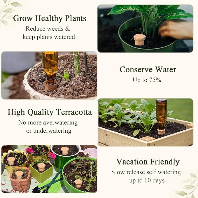 12 Pack Terracotta Watering Spikes with Lids Plant Watering Spikes Automatic Plant Waterer Devices Outdoor Indoor Vacation Friendly Slow Release Self Waterer Planter Insert(Medium)