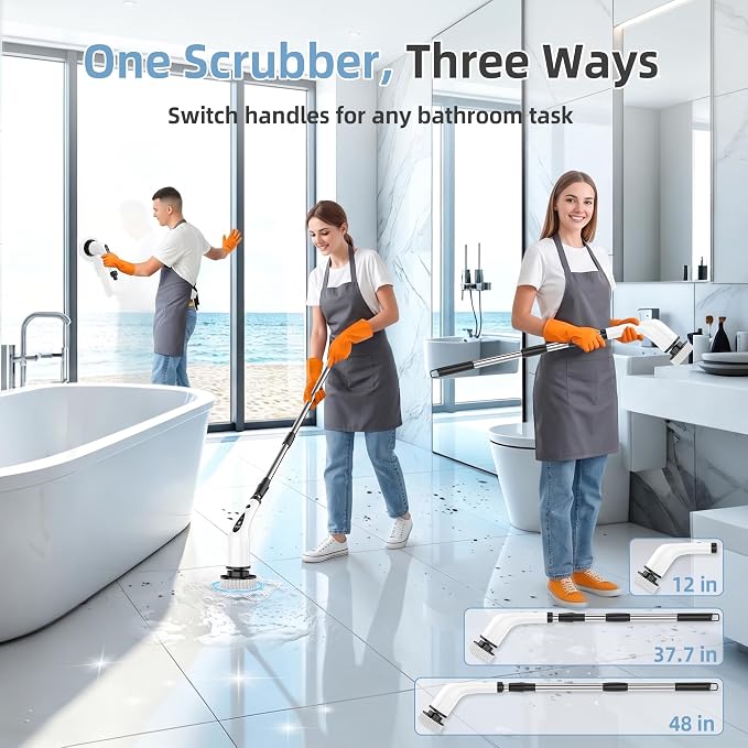 Electric Spin Scrubber, 3-Speed Cordless Cleaning Brush with 8 Brush Heads & Base, IPX7 Waterproof, Adjustable Long Handle, Digital Display, 2500mAh Fast Charging, for Bathroom, Tub, Tile, Floor