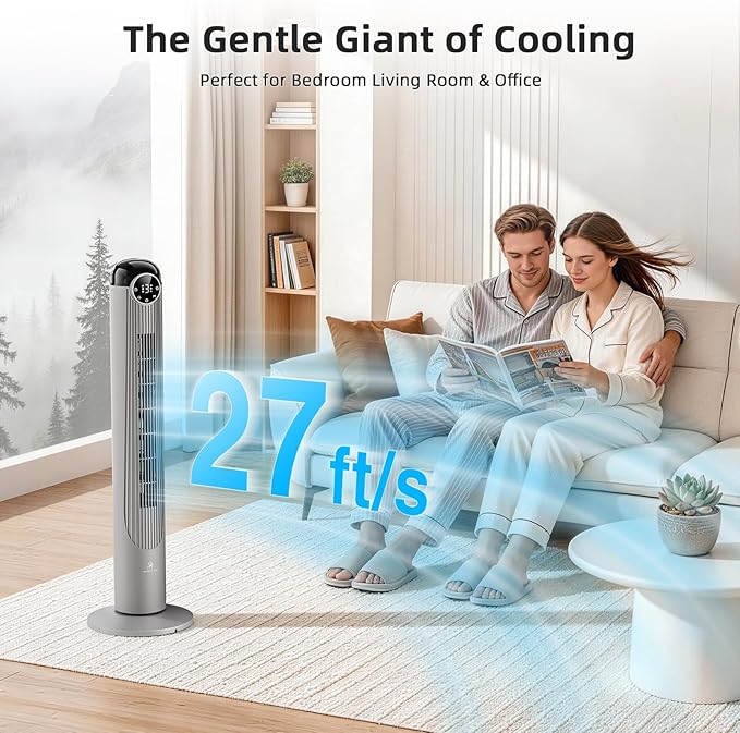 Antarctic Star T42 Tower Fan-42 Inch, Bladeless Oscillating Fan with Remote, 6 Speeds & 4 Modes, LED Display, 9H Timer, Quiet Floor Standing Fan for Bedroom Living Room Office, Grey