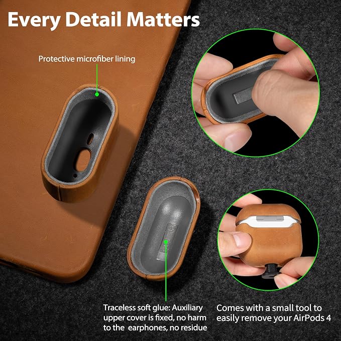 Belemay Handcrafted Crazy Horse Leather Case for AirPods 4 (2024), Vintage Aesthetic, Two-Tone Effect, Unique Patina, Compatible with MagSafe, Compatible with Airpods 4th Gen, Sunset Tan