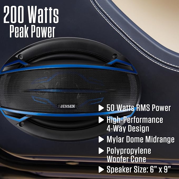 Jensen JS-Series JS6904 High Performance 4-Way 6x9-inch Car Speakers (Pair) | 200 Watts Peak Power (50W RMS) per Speaker | 58mm Mylar Balanced Dome Midrange | Two 20mm Piezo Tweeters