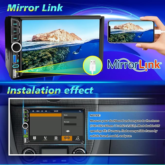 Wireless Double Din Car Stereo Apple CarPlay Android Auto,7" Touchscreen Car Radio Receivers, Bluetooth 5.2,FM AM Radio,Backup Camera,Physical Knob,SWC,Equalizer,Subwoofer,MirrorLink,USB/Type-C