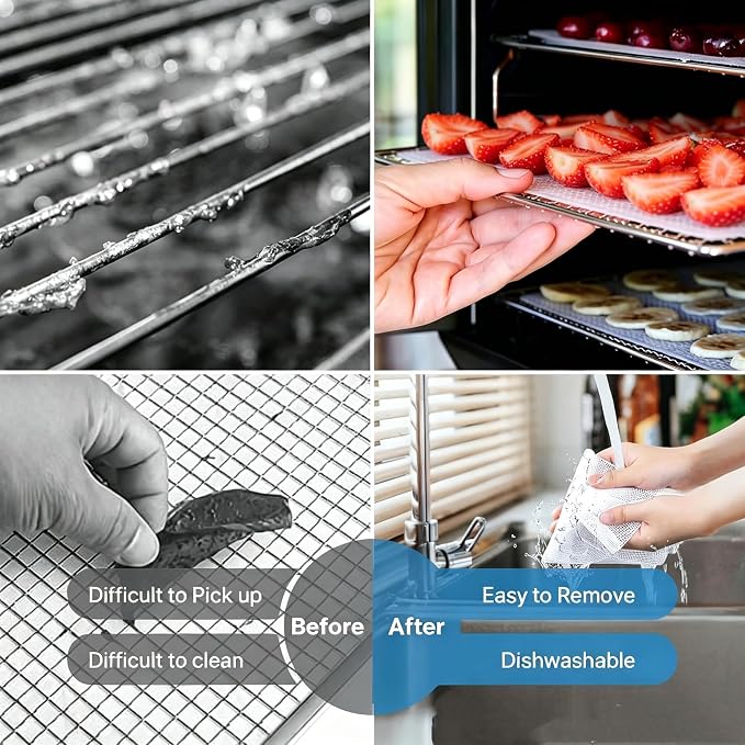 Dehydrator Silicone Sheets for Food Dehydrator Machine, Heat-Resistant Reusable Dehydrator Sheets, Dishwasher Safe Trays to Prevent Food Spills, 6 PCS 11 x 8 in, White, Rectangular