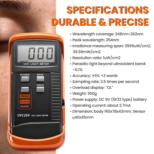 UV Light Meter Professional UV Monitors Measurable of UVA UVB & UVC Light Measure Tester with 320~390nm Range Portable UV Sunlight Tester (Model UVC254)