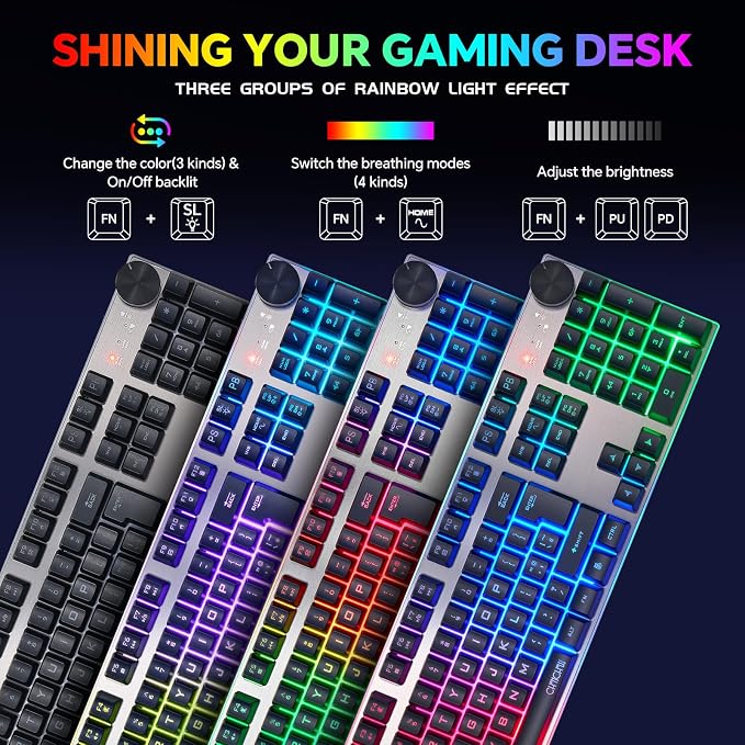 Wireless Gaming Keyboard with knob and Mouse Combo USB Dongle 2.4G Rechargeable 3000mAH Battery RGB Backlit Stainless Panel 4200DPI Side Button Mice for PC Laptop Compatible with Windows 8/9/10 MacOS