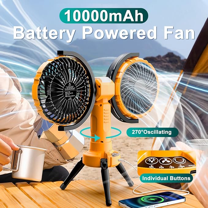 10000mAh Outdoor Camping Fan, Oscillating Battery Operated Tent Fan with LED Lantern, Dual Head Rechargeable Tent Ceiling Fan with Tripod & Hanging Hook - Yellow