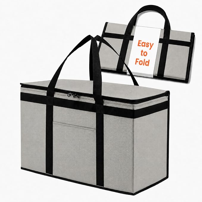 NZ home Insulated Bags for Food Delivery (2XL) Grocery Shopping Cooler Bag, Pizza Delivery, Hot & Cold Catering Tote, Reusable, Foldable & Heavy Duty (Gray)