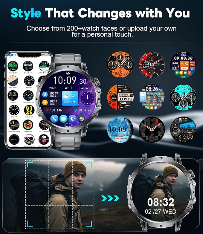 LIGE Military Smart Watches for Men(2 Bands),1000mAh/1.85" HD Large Screen Smartwatch, Flashlight/110+ Sports Modes/IP68 Waterproof/Sleep Monitor, Fitness Tracker Watch for Android iOS,Matte Black