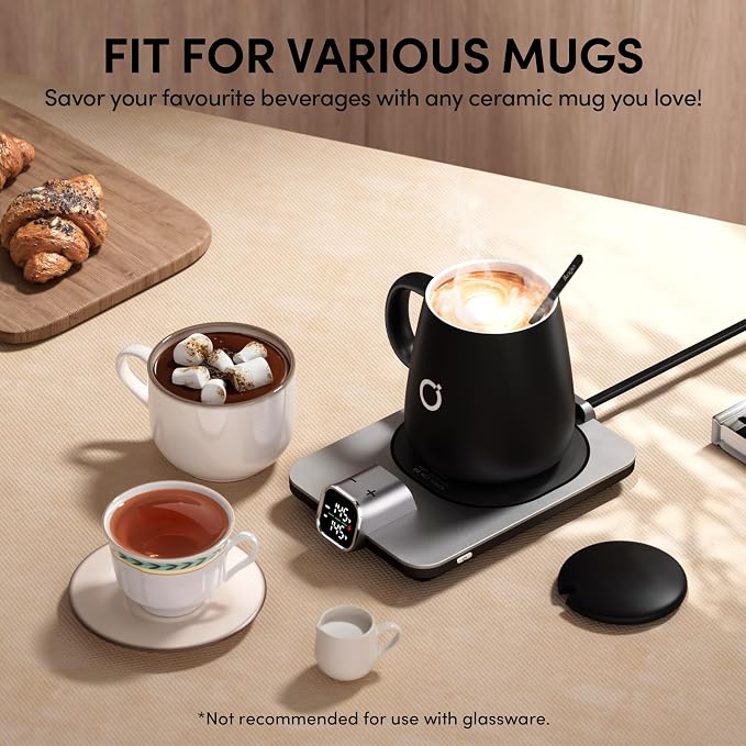2Pcs Heated Coffee Mug Warmer & IKAGO Mug Set - Heated Mug Warmer Plate with Auto Shut Off, 1°F Precise Electric Coffee Warmer Plate for Desk, Cool Valentine's Day Gift for Couple Women and Men