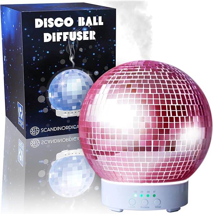 SCANDINORDICA Disco Ball Diffuser Rotating - 300 ML Essential Oil Diffuser with Whisper Quiet Operation, Night Lights, Cute Maximalist Disco Ball Decor | Aromatherapy Diffuser for Large Room Pink