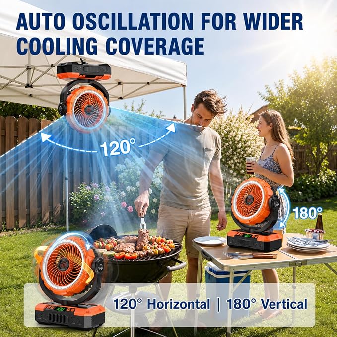 Rechargeable Solar Powered Camping Fan & Auto Oscillating, 【60H Runtime】Battery Powered Fan, Portable Outdoor Fan,5 Speeds,3 Lights,12H Timer for Travel, Fishing,Jobsite,Beach,Camping Essential