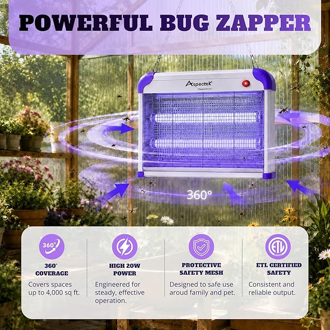 ASPECTEK 20W Heavy Duty Bug Zapper, High-Voltage Electric Mosquito and Fly Killer, Indoor and Covered Outdoor Gnat Control for Bedroom, Patio and Greenhouse, Includes 2 UV Bulbs - Purple