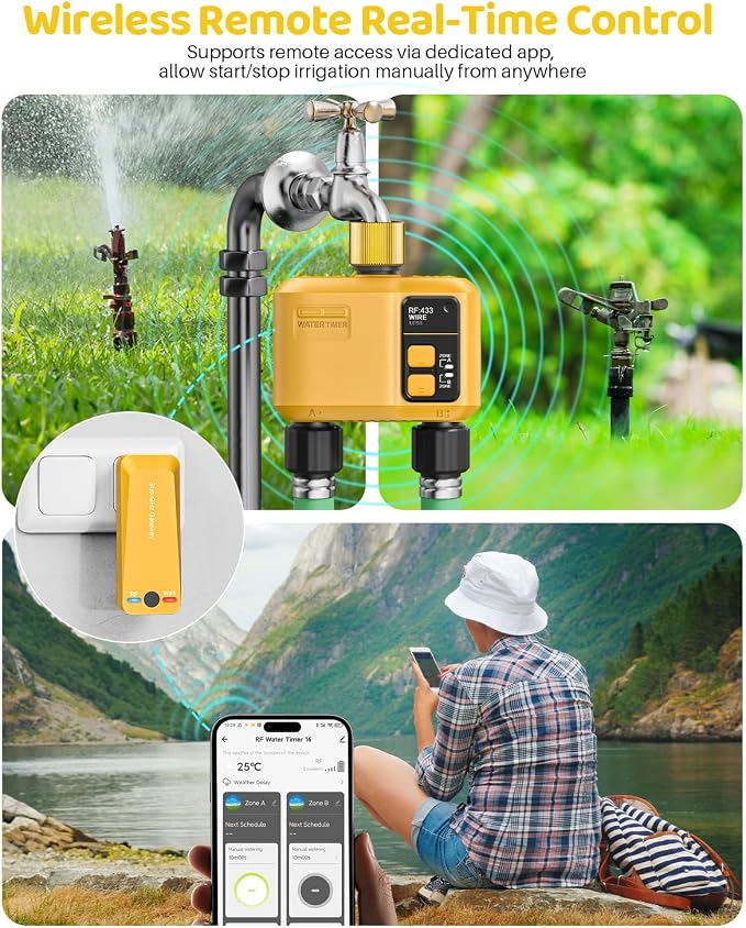 WiFi Water Timer 2 Zone for Garden Hose, Smart Sprinkler Timer with 984ft RF Range, Brass Inlet, APP/Voice Control, Rain Delay, Automatic/Manual Irrigation