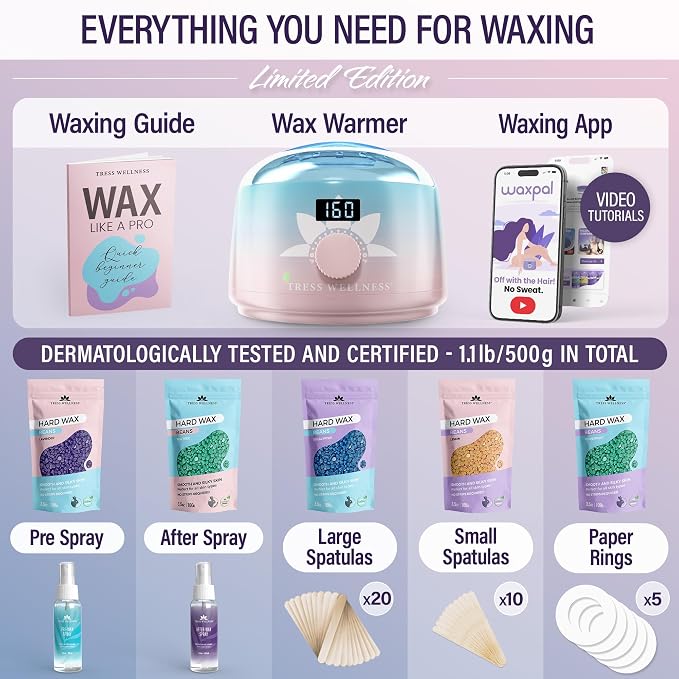 Tress Wellness Award Winning Waxing Kit for Sensitive Skin – Safe for Face & Skin, Easy to Use – At-Home Kit for Face, Bikini, Brazilian & Full Body - Digital Display, Pink to Teal