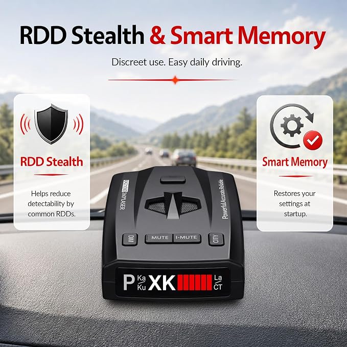 Radar Detector for Cars, Long Range Radar & Laser Detector Up to 1,100 Yards, X/K/Ka/KU/ST/CT Band Detection, DSP False Alert Filtering, Voice Alerts, RDD Stealth Technology, City/Highway Modes