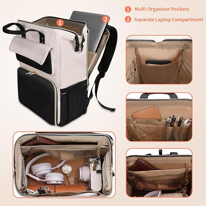 BERTASCHE Lunch Backpack for Women, 17.3 Inch Laptop Backpack with Insulated Cooler Lunch box, Nurse Backpack for Teacher Work Travel College Picnic, Black-Beige
