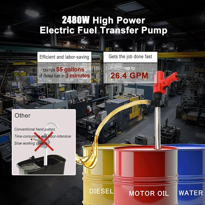 2480W Electric Fuel Transfer Barrel Pump, 110V 13000RPM, for 55 Gallon Electric Transfer Pumps with 36in Stainless Steel Tube and 6.6ft Steel Wire Hose, for Diesel,Lubricants,Slightly Viscous Liquids