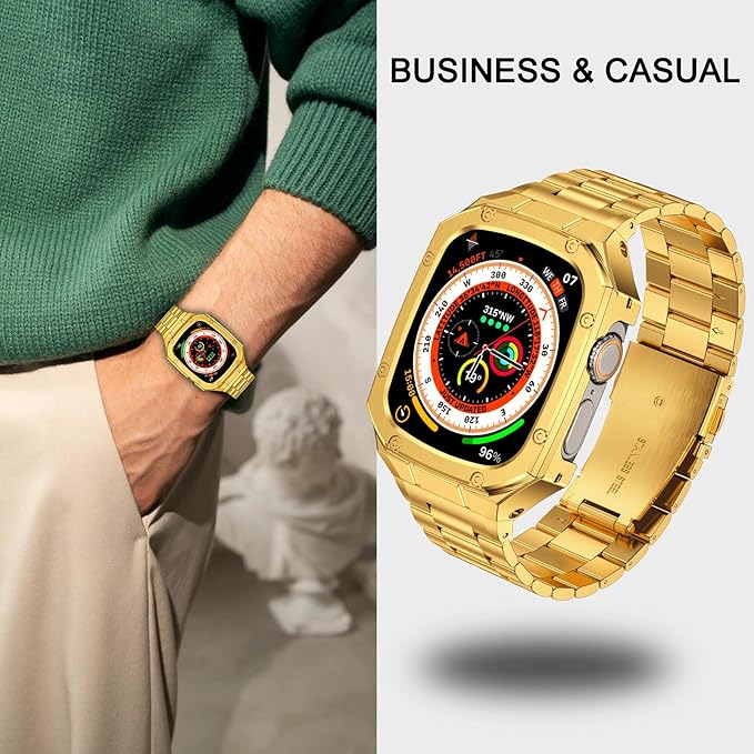 BAITEYOU Stainless Steel Watch Band with Case Compatible with Apple Watch Ultra 3 2 1 band (49mm), Rugged Strap with Metal Protective Bumper Cover for iWatch Bands Men (Gold)