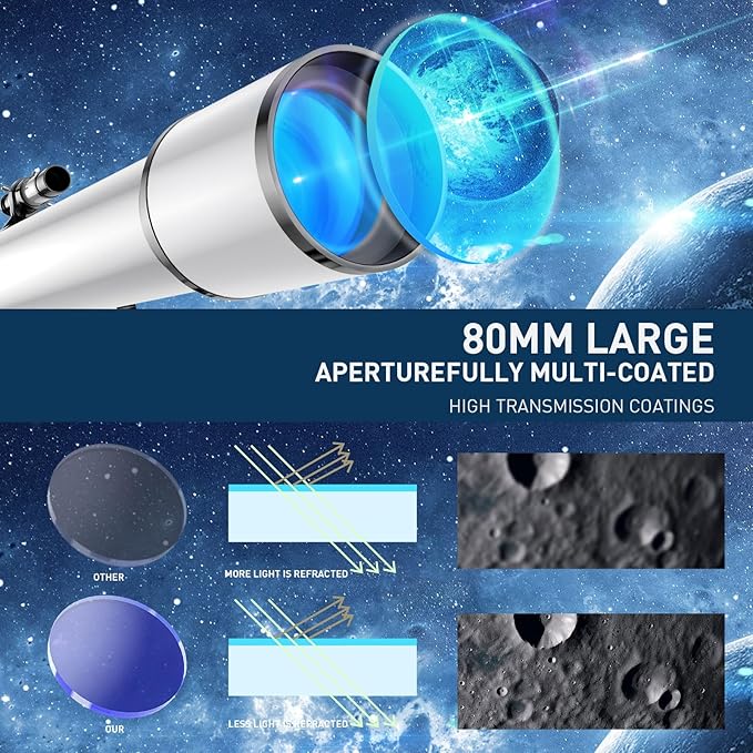 Telescope 80mm Aperture 800mm -Magnification 24-240X, Astronomical Portable Refracting Telescope Fully Multi-Coated High Transmission Coatings AZ Mount with Tripod &Wireless Control & Carrying Bag